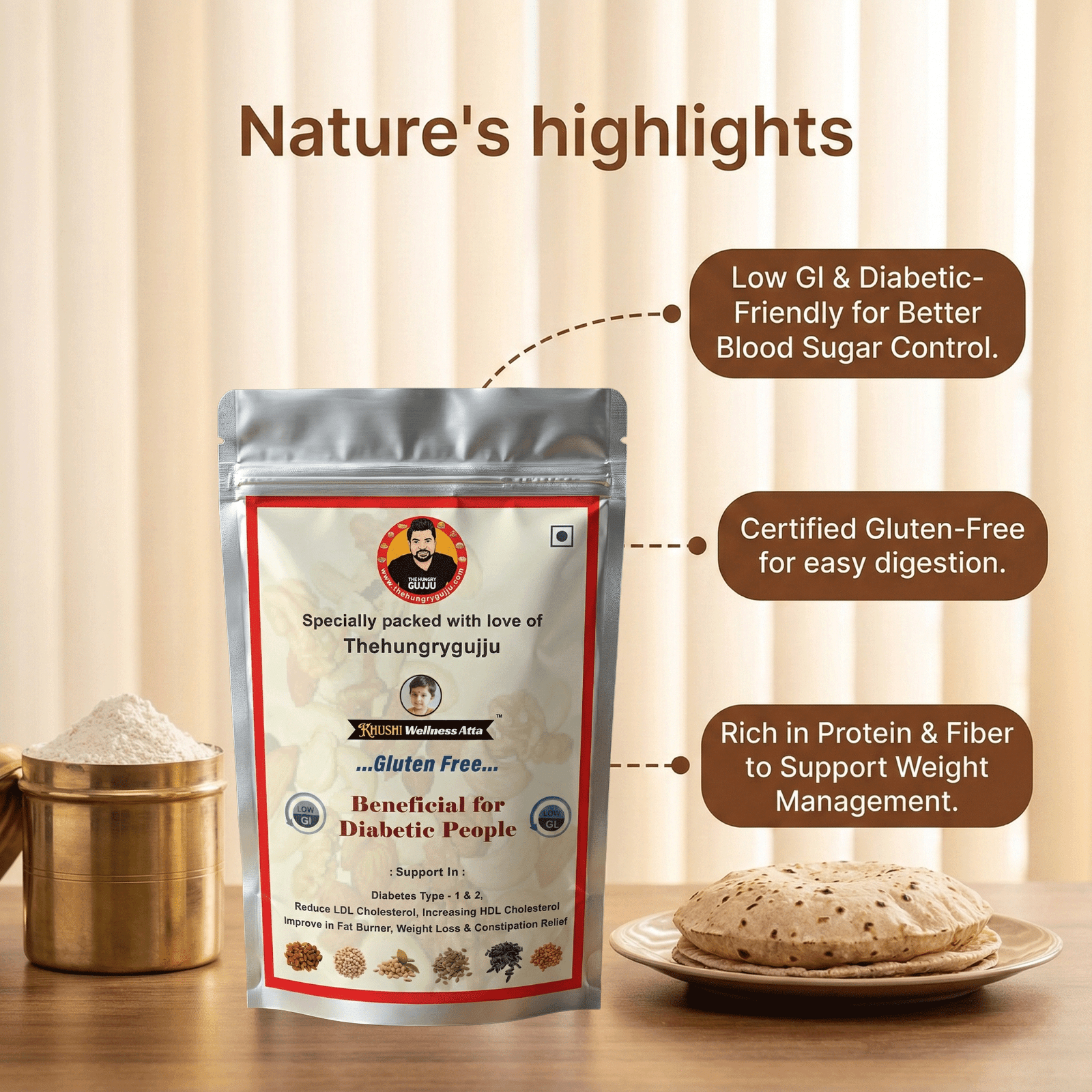 Hungry Gujju Wellness Atta – 100% Gluten-Free | Low GI Flour for Diabetes & Weight Management (1 Kg) - Image 8